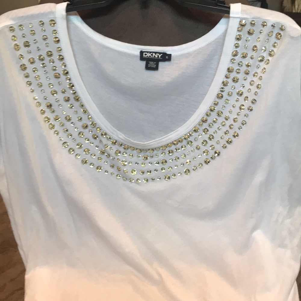 DKNY cap sleeve T-shirt with encrusted collar